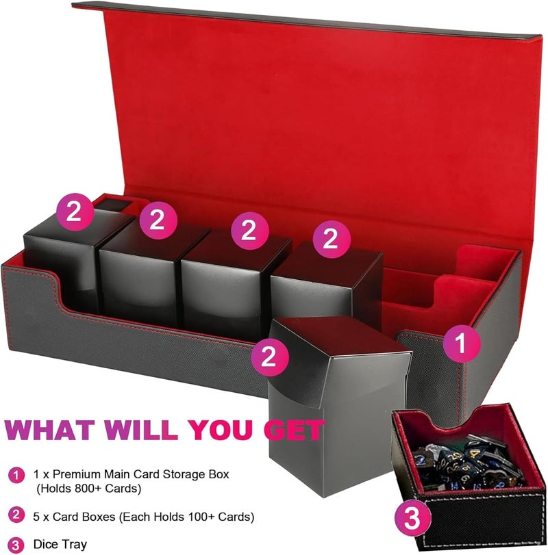 Scimi XXL TCG Card Storage Box with 5 100+ Deck Boxes – Holds 1800+ Double-Sleeved Cards – PU Leather MTG/YuGiOh/Tcg Collector Case – Strong Magnetic Clasps (6-in-1 - Black/Red) - Image 3